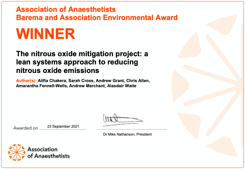 SO CHUFFED for our Lead <a href="/AlifiaChakera/">Alifia Chakera</a>: recognition from <a href="/Assoc_Anaes/">Association of Anaesthetists</a> for her work leading to HUGE carbon + financial savings at <a href="/NHS_Lothian/">NHS Lothian</a> and sites across the #UK (like <a href="/CV_UHB/">Cardiff and Vale University Health Board</a>) to reach #netzero goals for the #NHS - there's a #ClimateCrisis #nixthenitrous #womeninpharmacy