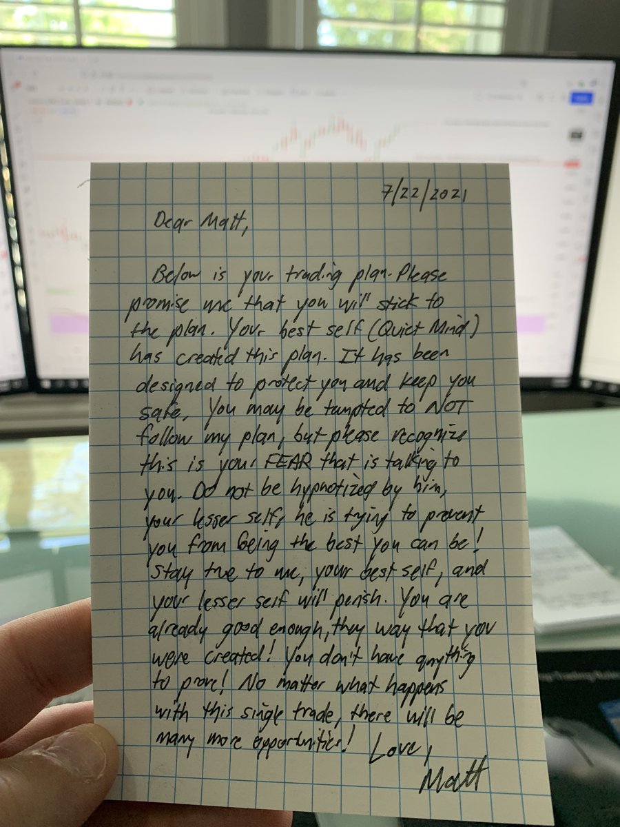 Sitting in front of screens &amp; feeling tempted to trade, but have awareness that I should be sitting out! Instead decided to write a letter to myself. I think I'm going to laminate it and read it everyday from now on! Thanks to those who have mentored me! <a href="/markminervini/">Mark Minervini</a> <a href="/dryan310/">David Ryan</a>