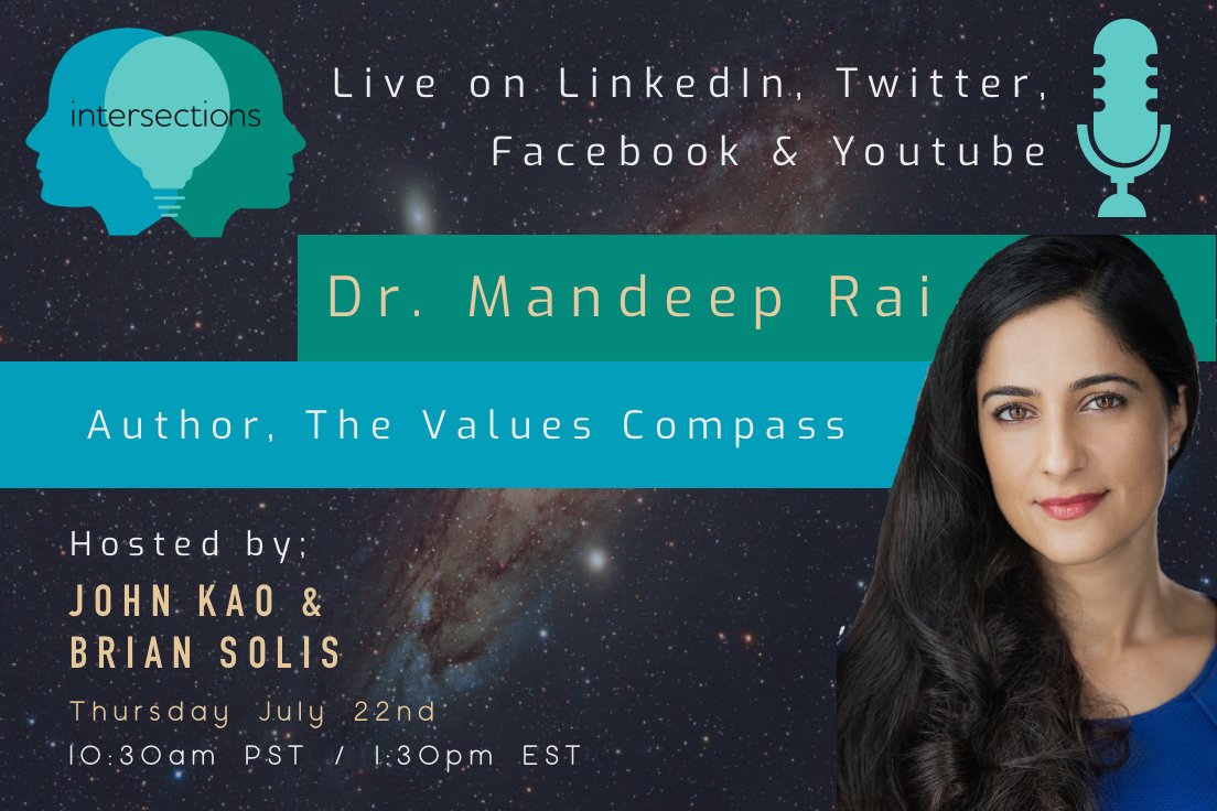 New episode of the Intersections Show is LIVE today! As always, hosted by John Kao and Brian Solis. We proudly introduce our remarkable guest Dr.Mandeep Rai, not to be missed! 10:30 am PST 
#innovation #technology #culture #podcast 
intersectionslive.com