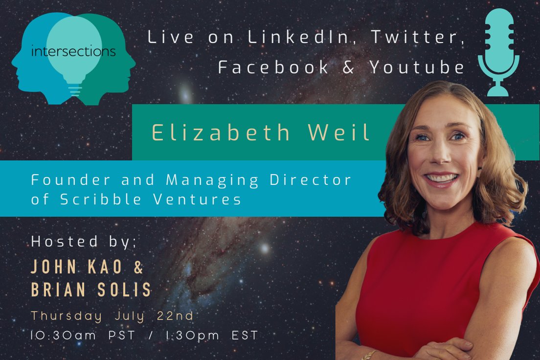 New episode of the Intersections Show is LIVE today! As always, hosted by John Kao and Brian Solis. We proudly introduce our remarkable guest Elizabeth Weil, not to be missed! 10:30 am PST 
#innovation #technology #culture #podcast 
intersectionslive.com