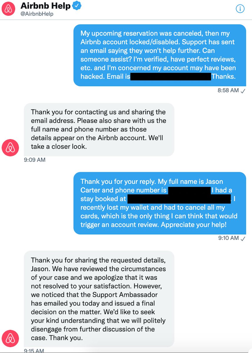 jasonacarter's tweet photo. .@Airbnb @AirbnbHelp This is a terrible way to treat a good customer with perfect ratings over many years. Reservation canceled, account deactivated, and your team refusing to provide any details or an appeals process. https://t.co/iUl6TxUOEW