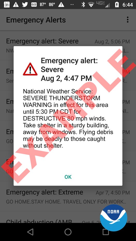 Starting July 28, Severe Thunderstorms deemed “destructive” will activate a Wireless Emergency Alert (WEA) on smartphones. Criteria for a destructive threat is at least 2.75 inch diameter (baseball size) hail and/or 80 mph thunderstorm winds.

Read more: weather.gov/news/072221-sv…