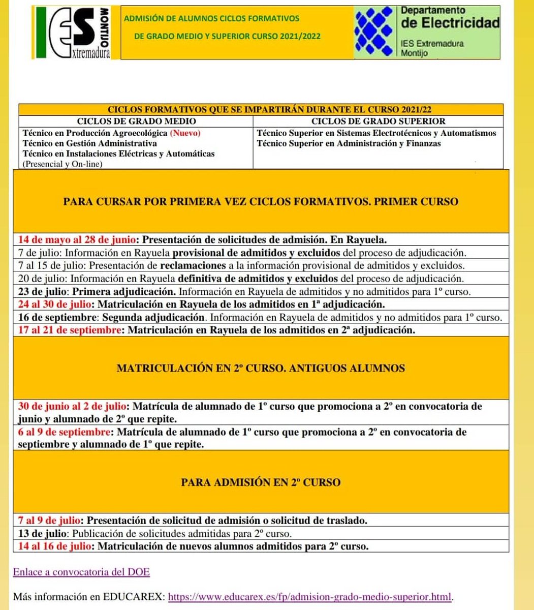electricidadFP's tweet photo. Mañana día 23 de julio de publicarán los admitidos para primer curso de ciclos formativos. 
Del 24 al 30 es el periodo para realizar la matriculación de los admitidos en primera adjudicación  a través de Rayuela. https://t.co/NMOunfWal3