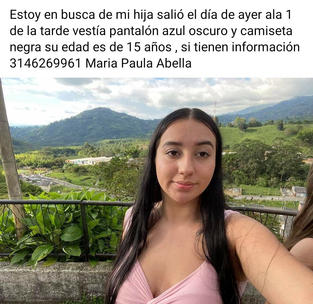 #BuscarlasHastaEncontrarlas🟣| María Paula Abella, 15 años de edad, despareció el 20 de julio, cuando salió de su casa a la 1:00 PM en el barrio Alfonso López en Armenia. 

Cualquier información al 314 626 9961.
