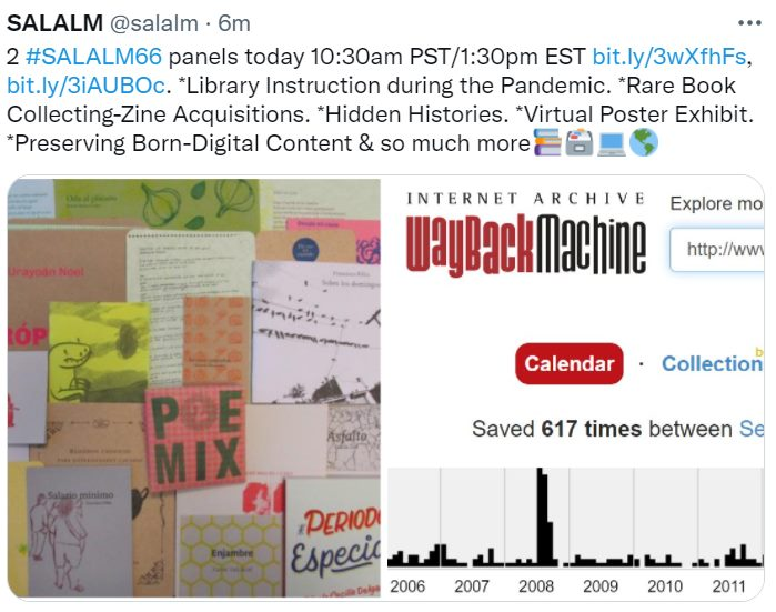 GriegoAdan's tweet photo. I've been posting for the #SALALM66 virtual conference https://t.co/ux6TbzxUMe. Check it Out! #LatinAmericanStudiesLibrarianship #Libraries #Archives #DigitalPreservation #WebArchiving #DiverseCollections #HiddenHistories @StanfordLibs @reformanational @IFLALAC @ALAIRO https://t.co/nVNaw0x3Lb