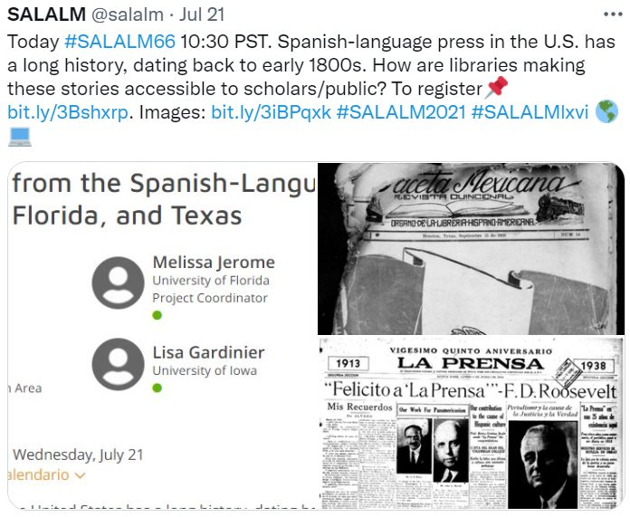 GriegoAdan's tweet photo. I've been posting for the #SALALM66 virtual conference https://t.co/ux6TbzxUMe. Check it Out! #LatinAmericanStudiesLibrarianship #Libraries #Archives #DigitalPreservation #WebArchiving #DiverseCollections #HiddenHistories @StanfordLibs @reformanational @IFLALAC @ALAIRO https://t.co/nVNaw0x3Lb