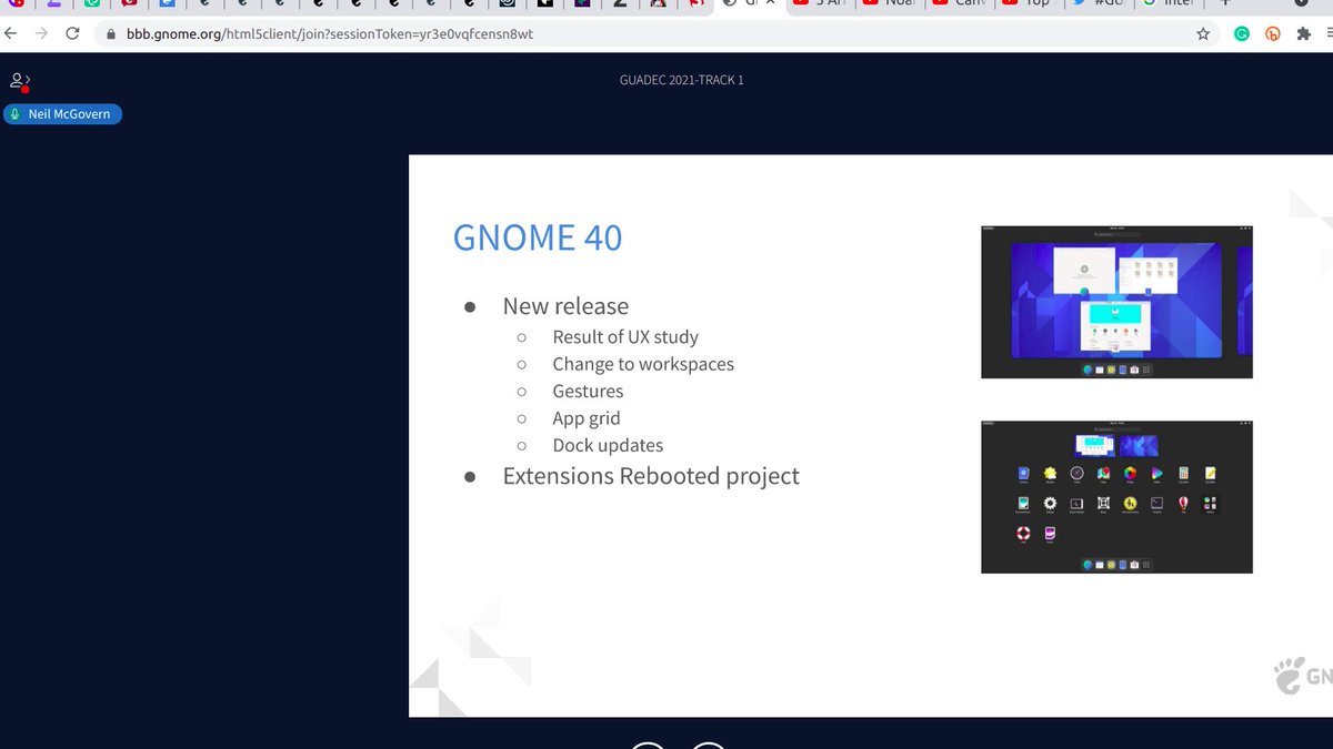 Highlights from the #GNOME Annual General Meeting.
It was interesting to learn about:
- The GNOME Foundation; the amazing work they are doing
- The new board of directors
- New changes to #GTK4 and #GNOME40 
Cheers 😊✌️
#GUADEC2021