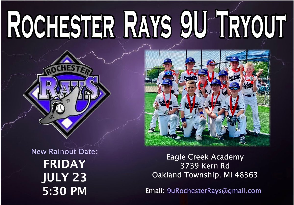 rays_travel's tweet photo. 9u Rochester Rays have rescheduled tryouts for Friday July 23rd.   Seize the opportunity to tryout for a great travel organization. #9u  #tryouts #raysnation https://t.co/8aPBbR6FOf