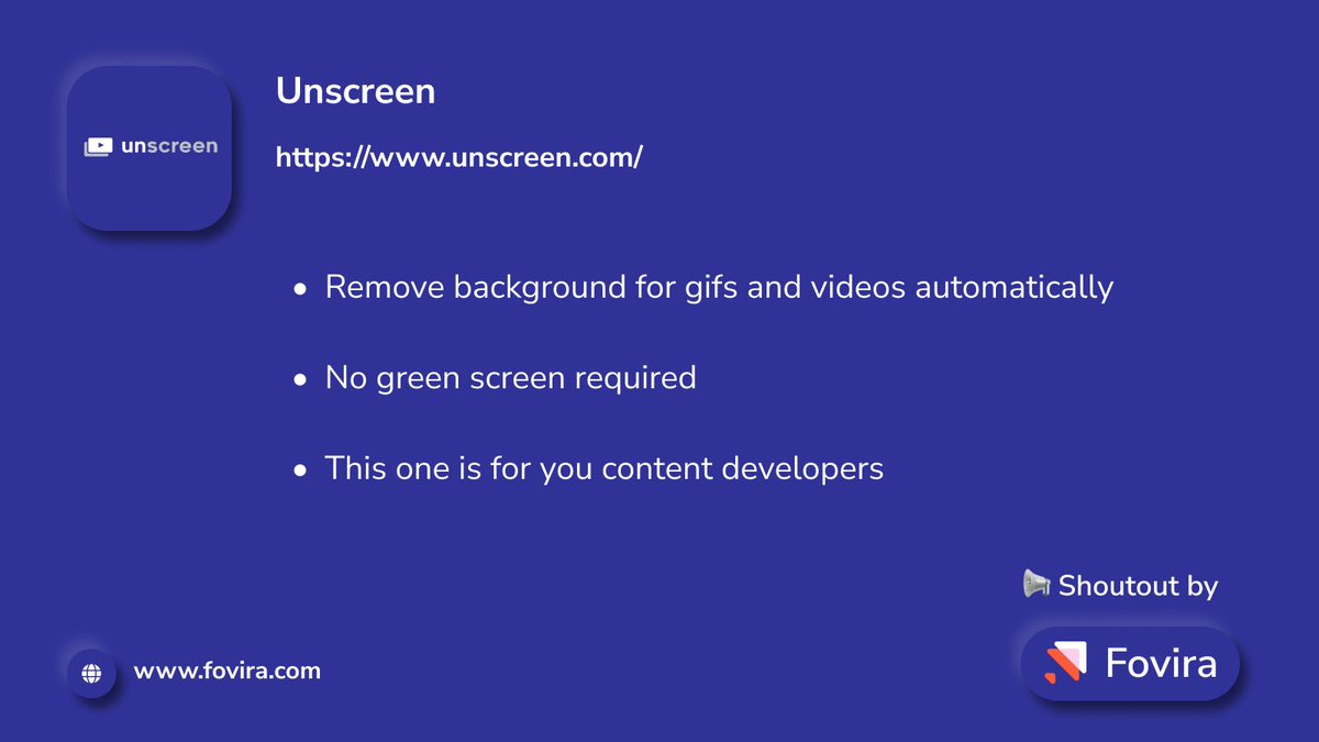 foviratech's tweet photo. 📢 Shoutout #43: Unscreen - Background remover for gifs and videos

Get it from - https://t.co/fw3BfJ8ERn

#FoviraShoutout #smallbusinesstips #marketing #video #gif #videoediting #backgroundremove #contentmarketingtips #videoproduction #videomarketing #digitalmarketing https://t.co/3Pgim7lc6X