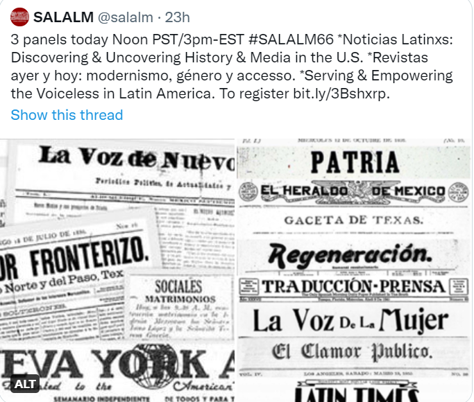 GriegoAdan's tweet photo. I've been posting for the #SALALM66 virtual conference https://t.co/ux6TbzxUMe. Check it Out! #LatinAmericanStudiesLibrarianship #Libraries #Archives #DigitalPreservation #WebArchiving #DiverseCollections #HiddenHistories @StanfordLibs @reformanational @IFLALAC @ALAIRO https://t.co/nVNaw0x3Lb