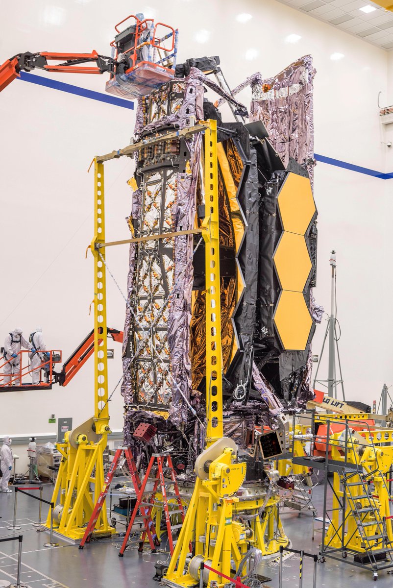 The James Webb Space Telescope is stowed into its launch configuration in the Northrop Grumman cleanroom. 