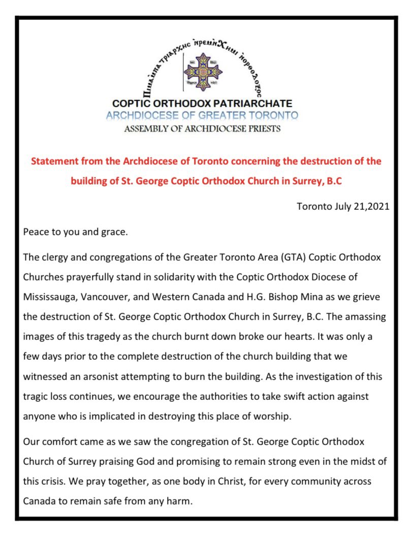 Statement from the Archdiocese of Toronto concerning the destruction of the building of St. George Coptic Orthodox Churching Surrey, B.C.