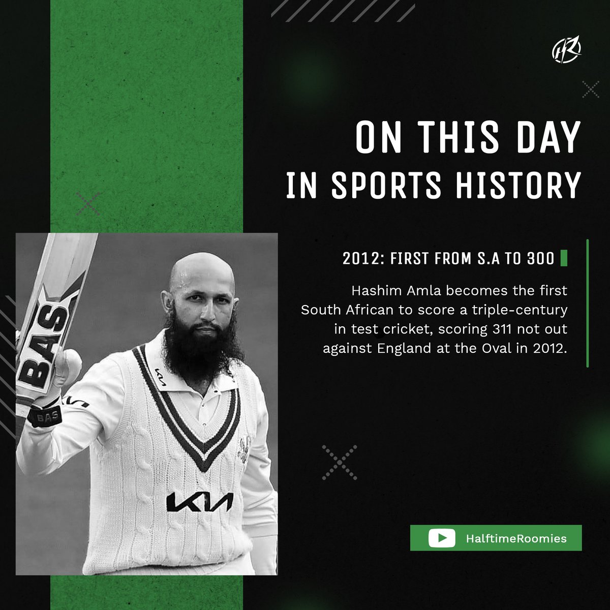 HalfTimeRoomies's tweet photo. On This Day In Sports History: Hashim Amla became the first South African to score a triple-century in test cricket, scoring 311 not out against England at the Oval in 2012.
#HashimAmla #Cricket #TripleCentury #Proteas #SouthAfrica #Oval #TestCricket #OnThisDay #HalftimeRoomies https://t.co/4344WSofs0