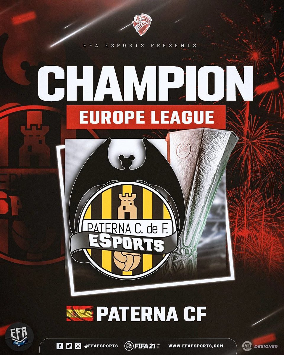 PaternaCdeF's tweet photo. Campeones de la Europa League 2021 🏆 
Nuestro equipo de eSports se proclama campeón por segunda vez consecutiva! Enhorabuena a todo el equipo por este logro #AmuntPaterna #orgullogualdinegro 🟡⚫️ https://t.co/ifzJ8zNfVO