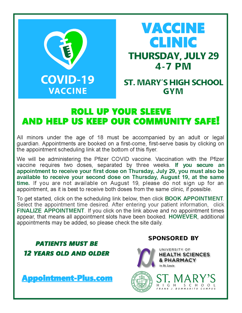 StMarysDragons's tweet photo. Roll up your sleeve and help us keep our community safe! 💉
Thursday, July 29
4-7 PM
St. Mary's High School - Gym
Schedule your appointment time at https://t.co/GHO5M9hAdb.
#rollupyoursleeveSTL #protectyourselfandothers #giterdone https://t.co/mhIVEGQIfX