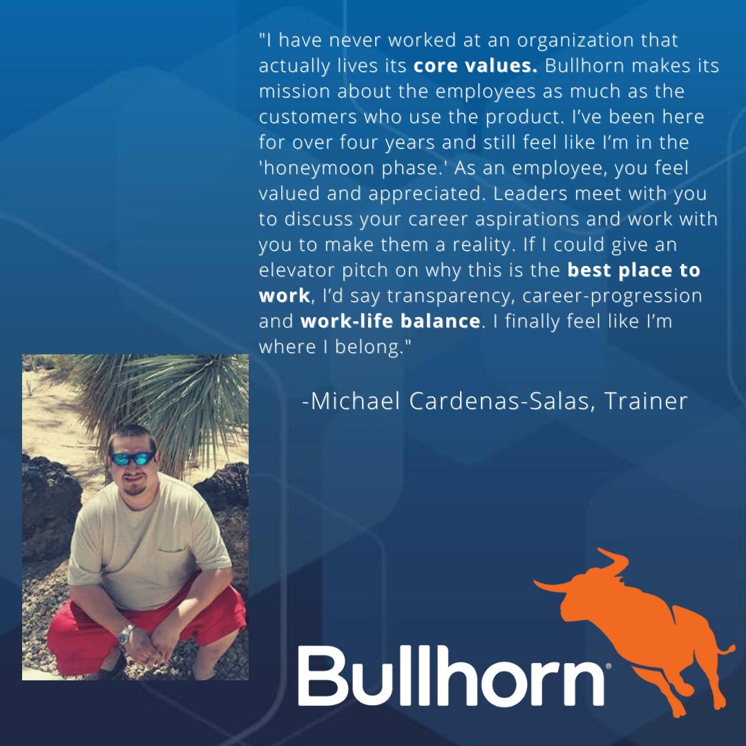 LifeAtBullhorn's tweet photo. At @Bullhorn, #IncredibleExperiences begin with our values and our employees having a true understanding and authentic connection to them. Trainer, Michael Cardenas-Salas, shares his incredible experience. #LifeAtBullhorn https://t.co/YbIQN16gJE