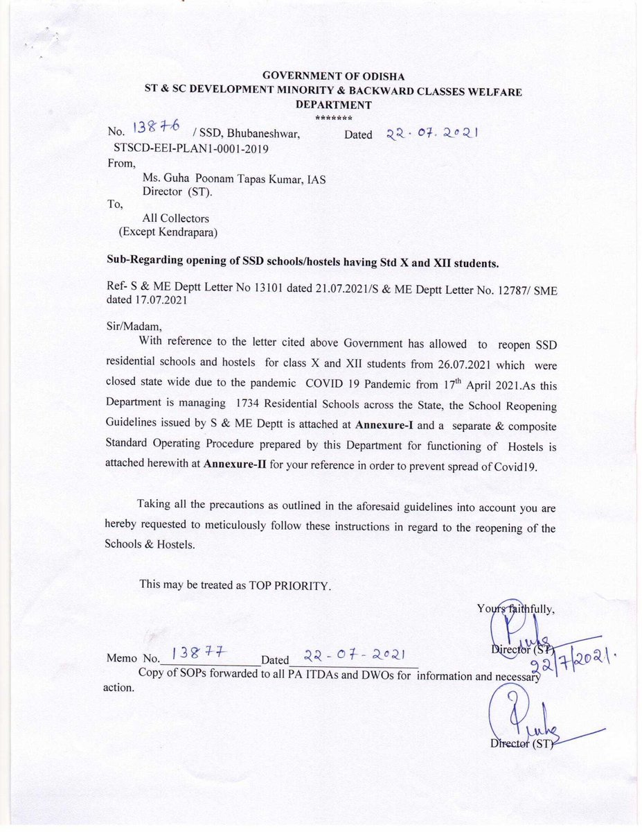 ST & SC Dev., M & BCW Dept, Govt. of Odisha, India (@stscdev) on Twitter photo ST & SC Dev Dept issued SOP to all Collectors on opening of SSD schools, hostels for Class X, XII from 26 July 2021 along with special advisory to all WEO & DWO for ensuring cleanliness & COVID guidelines
<a href="/CMO_Odisha/">CMO Odisha</a> <a href="/TribalAffairsIn/">Ministry of Tribal Affairs, Govt. of India</a> <a href="/SecyChief/">ChiefSecyOdisha</a> <a href="/IPR_Odisha/">I & PR Department, Odisha</a> <a href="/MoSarkar5T/">MoSarkar 5T</a> <a href="/saraka_fan/">Jagannath Saraka</a> ST & SC Dev Dept issued SOP to all Collectors on opening of SSD schools, hostels for Class X, XII from 26 July 2021 along with special advisory to all WEO & DWO for ensuring cleanliness & COVID guidelines
<a href="/CMO_Odisha/">CMO Odisha</a> <a href="/TribalAffairsIn/">Ministry of Tribal Affairs, Govt. of India</a> <a href="/SecyChief/">ChiefSecyOdisha</a> <a href="/IPR_Odisha/">I & PR Department, Odisha</a> <a href="/MoSarkar5T/">MoSarkar 5T</a> <a href="/saraka_fan/">Jagannath Saraka</a>