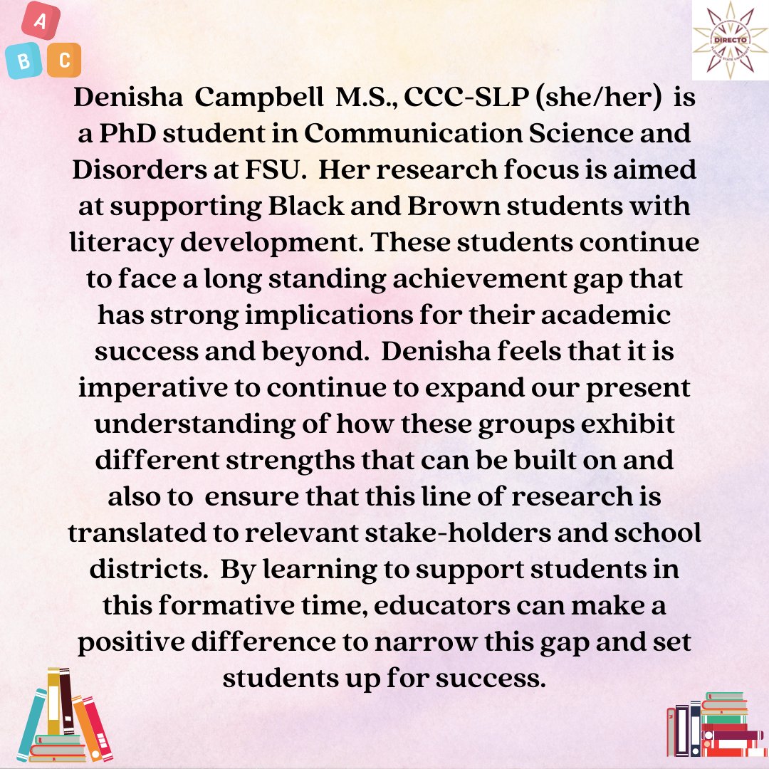 This #ResearchThursday, we're honored to highlight Denisha Campbell (she/her)! She's a PhD student interested in supprting Black & Brown students with literacy development. We're excited to see her future work on this important topic! #fsudirecto #DiversityMatters #FSU #Reading