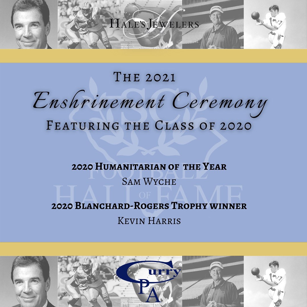 SCFootballHOF's tweet image. SCFHOF is so excited to honor our Class of 2020 inductees including our Humanitarian of the year, Sam Wyche, and our Blanchard-Rodgers Trophy winner, Kevin Harris, at the 2021 Enshrinement Ceremony tonight at the Hilton Greenville!

#SCFHOF #SCFHOF20