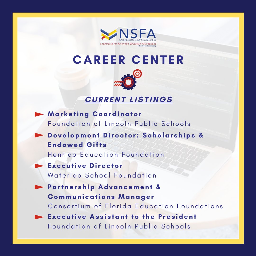 Our job board is full of many great and new opportunities!
Check out our career center where we're busy updating jobs within the education foundation community. 

View here: schoolfoundations.org/Career-Center
