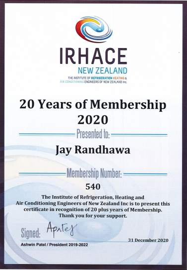 jsrrefrignz's tweet photo. I am proud to receive the certificate for 20 Plus years of membership with The Institute of Refrigeration, Heat, and Air Conditioning Engineers (IRHACE). We are proud to serve our customers for more than 21 years in New Zealand. https://t.co/yXfm8vB6an
