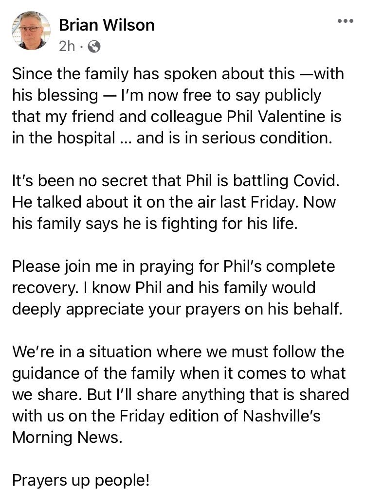 natalie allison on twitter conservative radio host phil valentine is now fighting for his life in the hospital with covid https t co ewyngszjtq twitter
