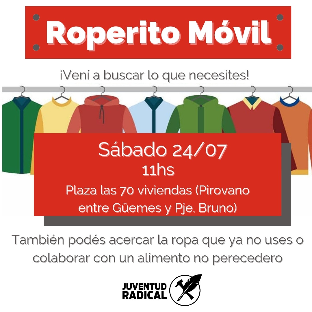 ❗ROPERITO MÓVIL👕👖

Al frío lo combatimos entre todxs, por eso te llevamos el roperito móvil a la plaza de tu barrio. Vení a buscar lo que necesites😊

👉También podés acercar la ropa que ya no uses o colaborar con un alimento no perecedero.

¡Te esperamos!🤗