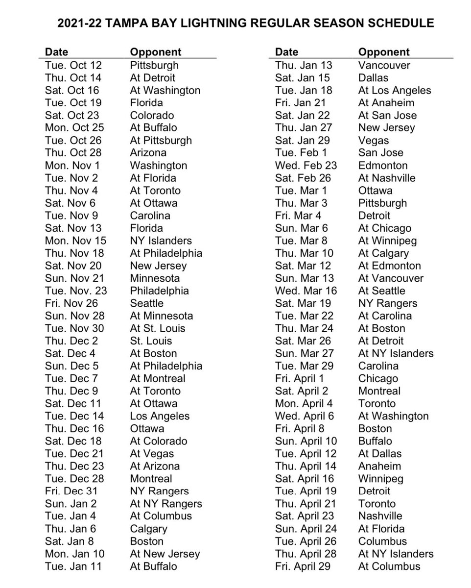 Lightning Playoff Schedule 2022 Bryan Burns On Twitter: "Full Tampa Bay Lightning 2021-22 Regular Season  Schedule Below. Https://T.co/Cgbutx3Aws" / Twitter