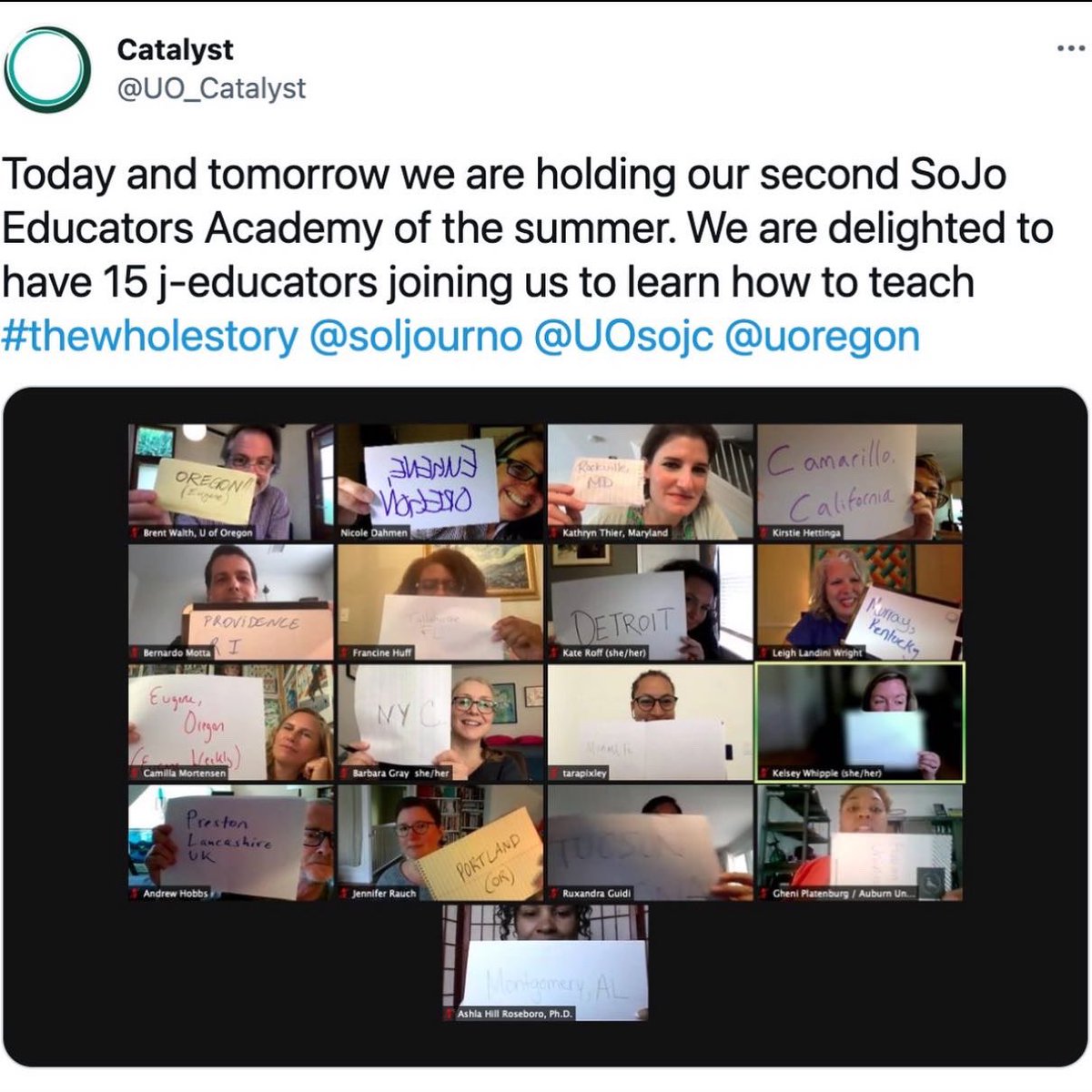 Gheni Platenburg was selected to be a part of the 2021 UO SoJo Educators Academy. There was a very competitive selection process, so congratulations to Gheni Platenburg and the other phenomenal journalism educators selected! 

Visit thewholestory.solutionsjournalism.org/meet-our-parti… for more information.