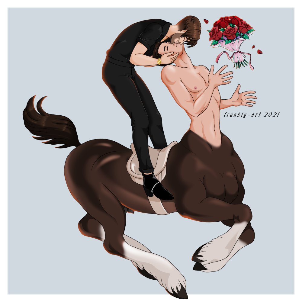 FranklyArt's tweet photo. The handsome @jefftaur came to visit me last week, so, considering much both of us like centaurs, I surprised him with this redraw of the iconic Georges Léonnec artwork from La Vie Parisienne💐

(He liked it, in case you were wondering 💖✨)
#centaur #lgbt #teratophilia https://t.co/23Wy02El6e