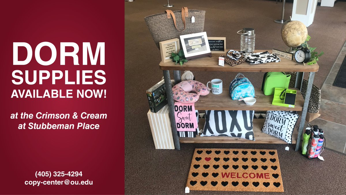OUPrinting's tweet photo. Get inspired! Shop dorm decor and supplies at the Crimson &amp; Cream Copy Center and Student Post Office at Stubbeman Place. https://t.co/dEool4HKSM