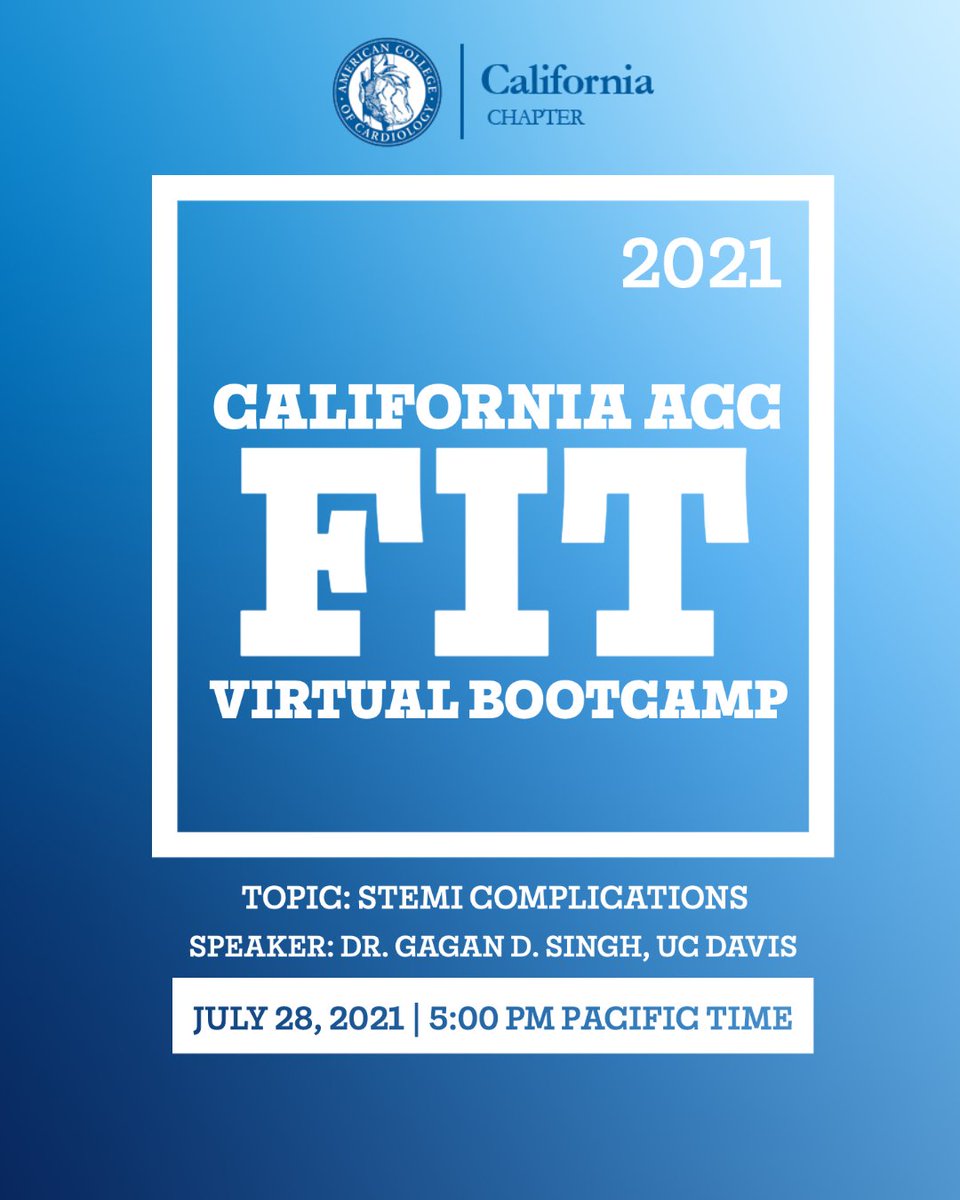 CaliforniaACC's tweet photo. Get ready for the next installment of #CAACCFITVirtualBootcamp series! #learn about STEMI Complications w/ Dr. Singh!
πhttps://t.co/gHhe5qRc0o
#ACCEd #cardiotwitter #thefaceofcardiology #cardiologyfellow #cardiology #medicine #beoneteachone #learn https://t.co/x4eXxDHN58