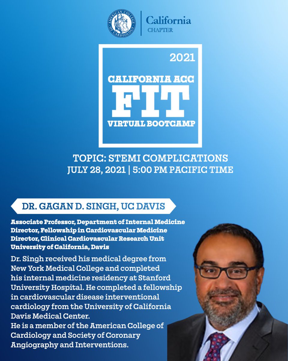 CaliforniaACC's tweet photo. Get ready for the next installment of #CAACCFITVirtualBootcamp series! #learn about STEMI Complications w/ Dr. Singh!
πhttps://t.co/gHhe5qRc0o
#ACCEd #cardiotwitter #thefaceofcardiology #cardiologyfellow #cardiology #medicine #beoneteachone #learn https://t.co/x4eXxDHN58