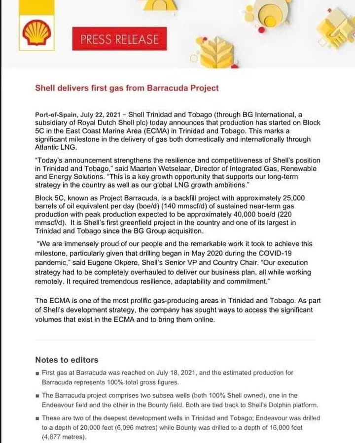 StuartRYoung1's tweet photo. Congratulations to Shell on this milestone with Baracuda and first gas. This was negotiated by the Government in 2019. We continue to work to ensure future gas production and supply for TT. #ttmeei #shell #ttenergysector #StuartRYoung1πΉπΉπΉπΉπΉπΉ https://t.co/ssQvwNYTv1