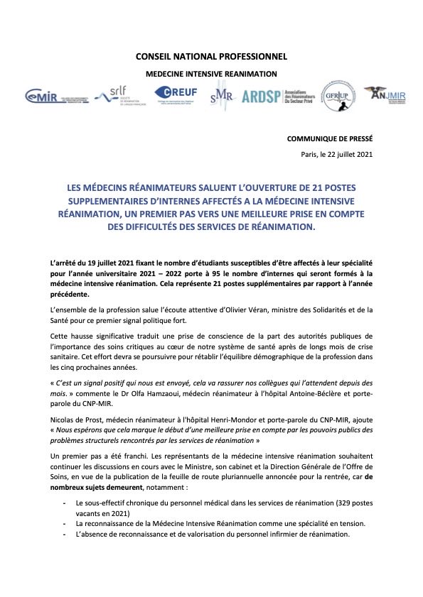 CeMIR_off's tweet photo. Les médecins réanimateurs saluent l’ouverture de 21 postes supplémentaires d’internes affectés à la Médecine Intensive Réanimation #MIR, un premier pas vers une meilleure prise en compte des difficultés des services de #Réanimation

#CEMIR https://t.co/x6Pq9Te205