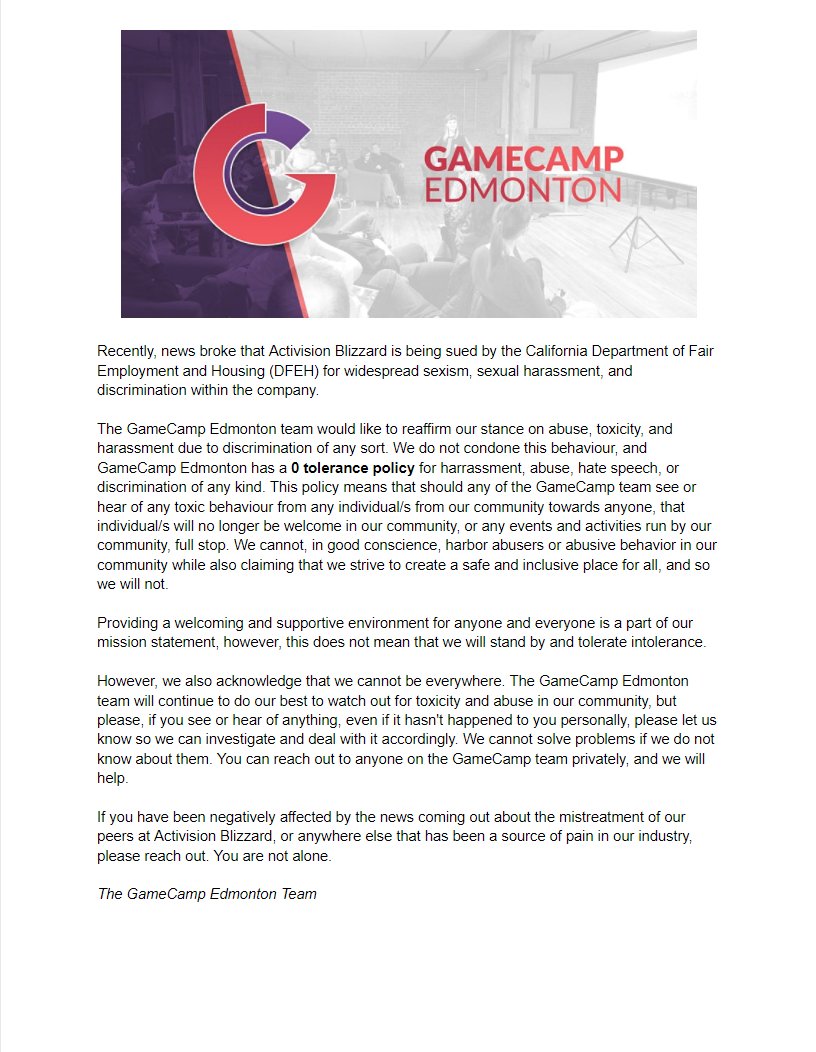 GameCamp Edmonton (@gamecampyeg) on Twitter photo In light of the news about #Activision #Blizzard, we wanted to reaffirm our stance on abuse, harassment, and discrimination. #gamedev #yeg #yegdev In light of the news about #Activision #Blizzard, we wanted to reaffirm our stance on abuse, harassment, and discrimination. #gamedev #yeg #yegdev