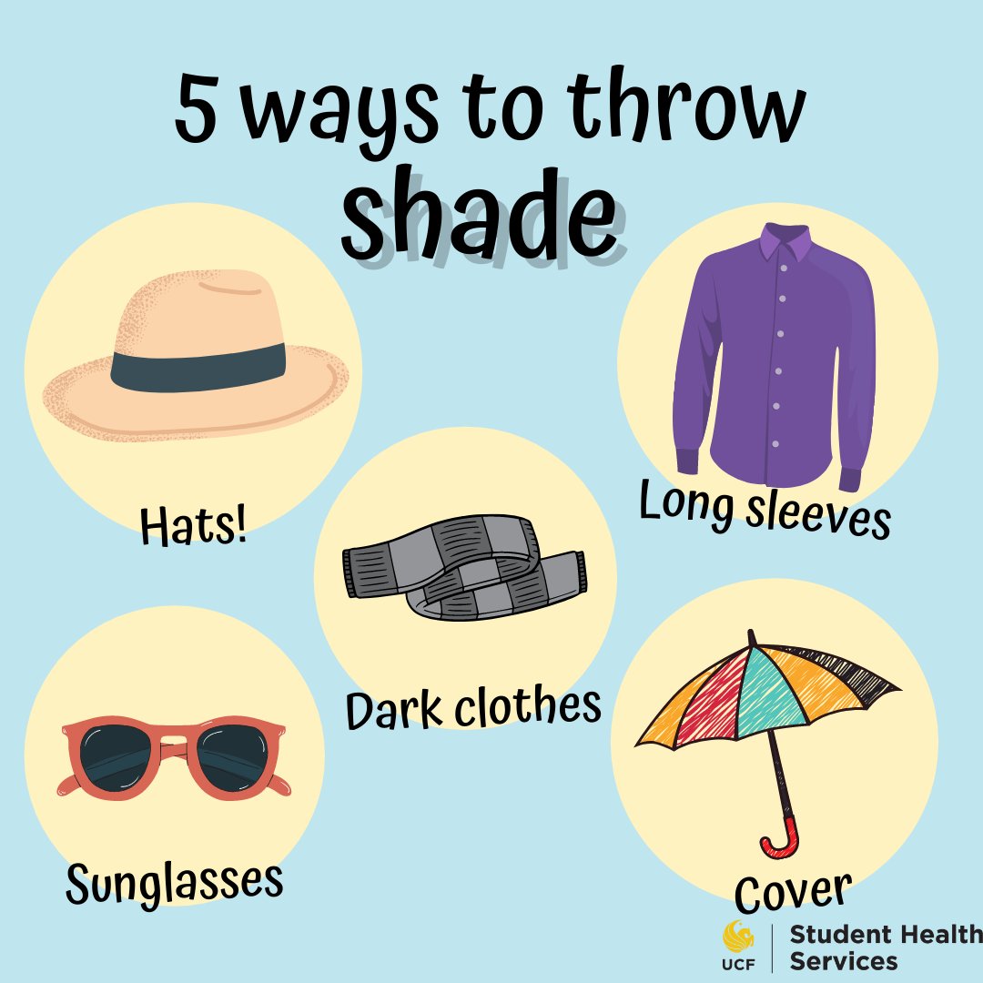 MyKnightPass's tweet photo. RT @UCFHealthCenter: Throwing shade isn't always a bad thing :) When it comes to sun safety, maximizing shade or coverage is one of the best ways to #ShieldYourself from the sun's harmful UV rays. Remember to wear sunscreen, too! https://t.co/yMemNtLYR5