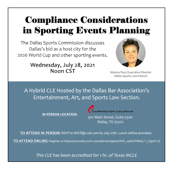 ccsblaw's tweet photo. .@ccsblaw will host a #DBA EASL #CLE on 7/28 at noon discussing Dallas's bid for the #WorldCup2026 &amp; the various compliance considerations in sports events planning w/ Monica Paul, Executive Director, Dallas Sports Commission. To register, see below. https://t.co/sw5wsvK0Ca