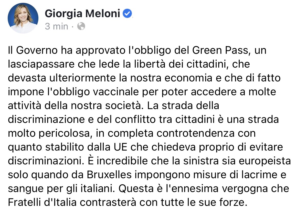 GiorgiaMeloni's tweet photo. La strada della discriminazione e del conflitto tra cittadini è molto pericolosa e in contrasto con quanto stabilito dalla UE che chiedeva di evitare discriminazioni. È incredibile che la sinistra sia europeista solo quando da Bruxelles impongono lacrime e sangue per gli italiani https://t.co/vnBhTjHFPj