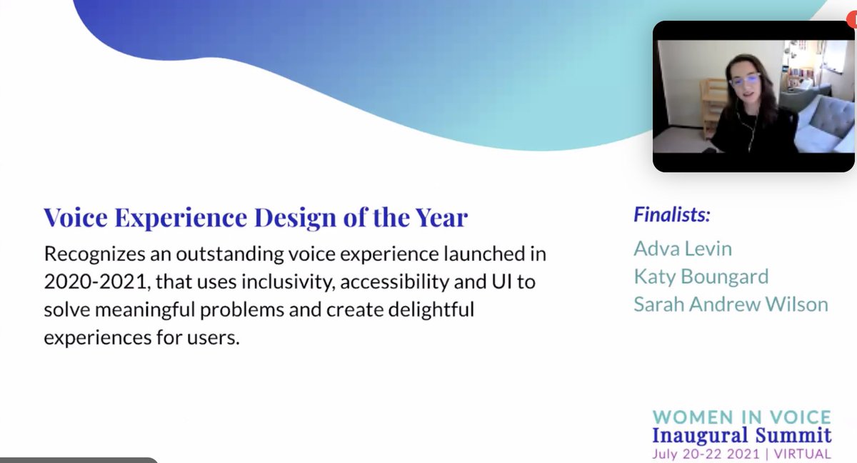 Congratulations <a href="/katybow/">Katy B</a> on winning the <a href="/WomenInVoice/">Women in Voice</a> Voice Experience Design of the Year Award! It was truly an honor to be nominated alongside you.

Y’all: if you don’t know Katy, be sure to follow her — she’s built some terrific experiences like Art Museum and streams weekly!