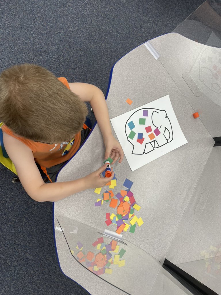 K_All_Day_'s tweet photo. We glued today, and loved to decorate Elmer in patchwork! #MontysCardinalCamp #CardinalCamp #MontclairStrong https://t.co/tJSuUJ1vma
