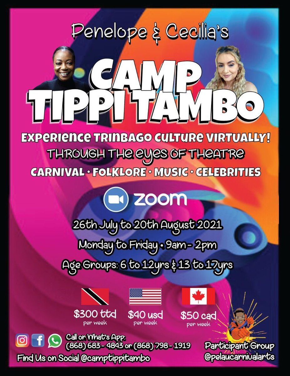 pelauartsandedu's tweet photo. Pelau Carnival Arts &amp; Edu partnering w/ Camp Tippi Tambo-run by Aunty Penny &amp; Aunty Cecilia. Daily from July 26-Aug 20 for Ages 6-12 (9:00 am-12:30 pm) &amp; 13-17 (1:00-3:30 pm) call Aunty Jamea 416-833-1795 🇨🇦 or what’s app directly to 🇹🇹 Trinidad for more info. $50CDN/week https://t.co/8JFsPy9jkp
