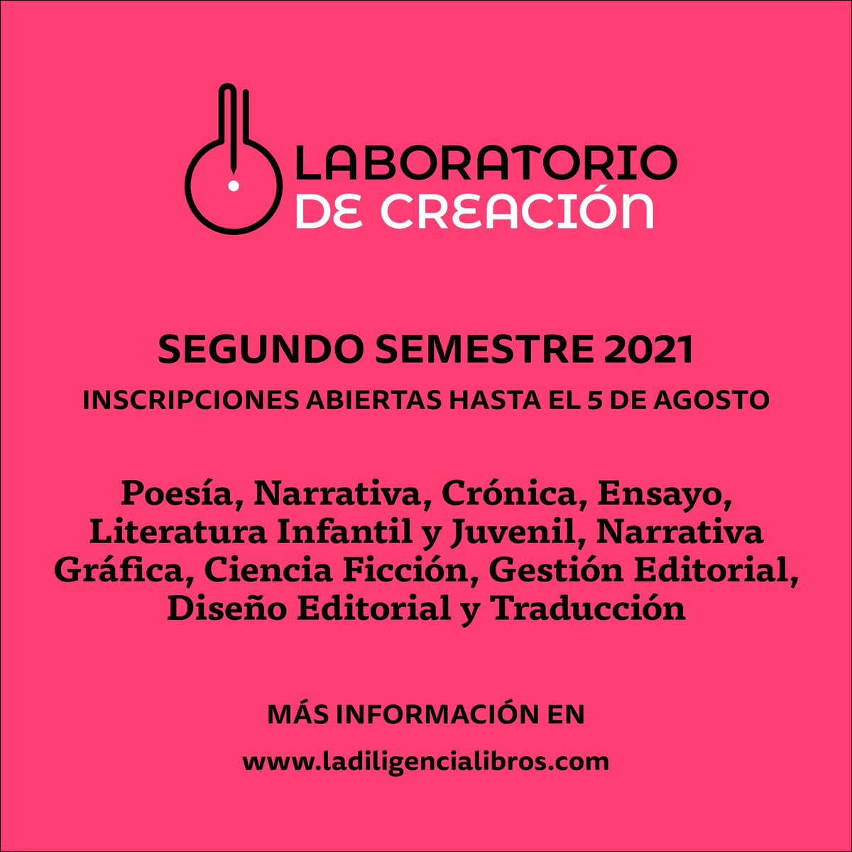 ¡Ya abrieron las inscripciones para el tercer Laboratorio de creación! Ingresa a: ladiligencialibros.com/home-v1/labora…

Las personas inscritas al Laboratorio de creación recibirán un acompañamiento personalizado durante catorce semanas para que desarrollen sus proyectos literarios.