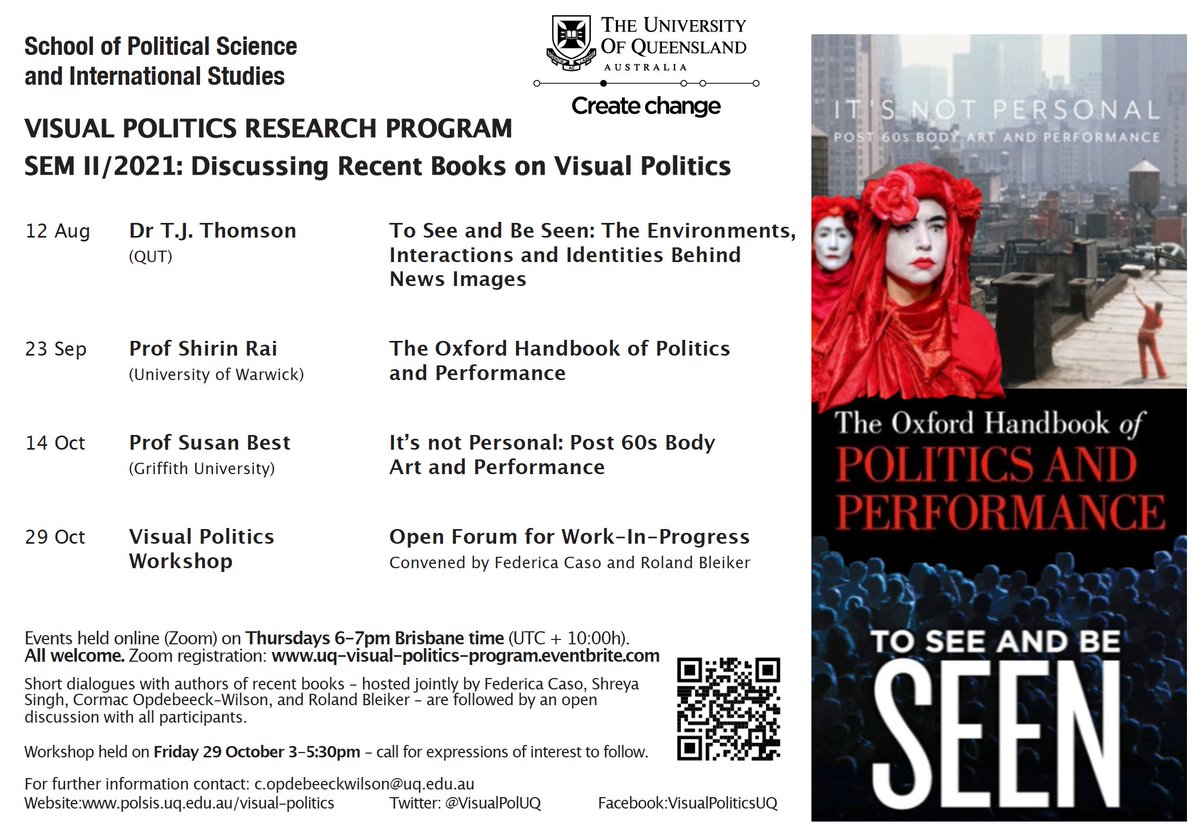 rbleiker's tweet photo. New @VisualPolUQ event-schedule out now.

Please join us for exciting dialogues with @Cenevox, @Sueamabrasil and Shirin Rai who will discuss their new books on visual politics.  All welcome.  

Events co-hosted by @Federica_Caso, @Shreya_1901,  @cormacticon and myself. https://t.co/AlKUReqkV1
