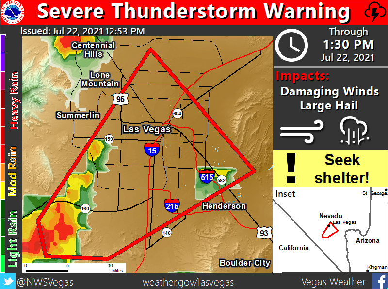 ⚠️ SEVERE THUNDERSTORM WARNING | 12:53pm PDT⚠️

A Severe Thunderstorm Warning has been issued for SW Clark County, including Las Vegas and Henderson, until 1:30pm PDT.

60 mph wind gusts are the main hazard.

#VegasWeather #nvwx