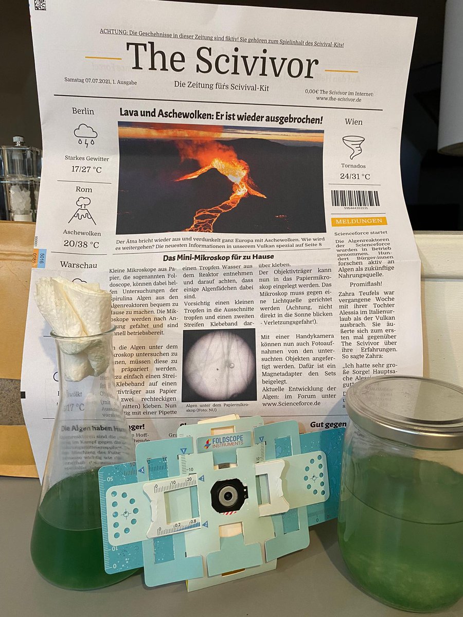 helmlinger_m's tweet photo. How creative can #sciencecommunication get? Endlessly! Big shout out to @communitylabor & @oekoprog for their #spirulina #scivival game: Simulating food crisis, with #algea as home-grown protein alternative. On day 20 of spoiling my babies I took a first pic with #foldoscope 🧪🔬 https://t.co/89EESOwso4