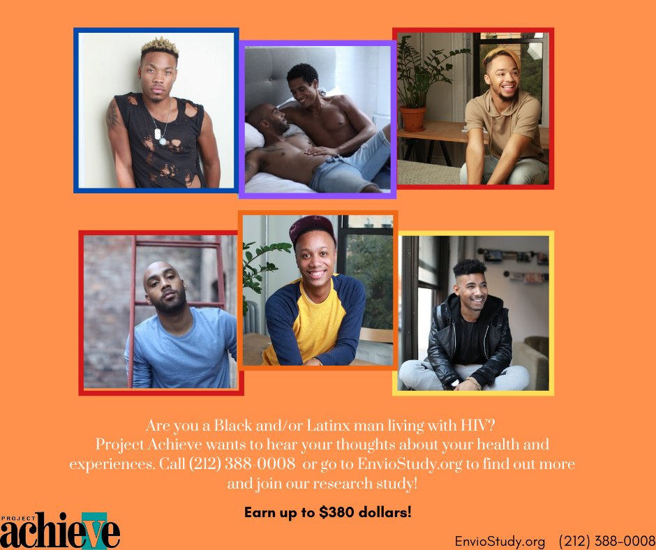 AchieveNYC's tweet photo. We are still recruiting for ENVIO! If you are a 18-21 Black/Latinx man living with HIV, why not join a study to talk about your experiences? You could earn up to $380 dollars! Go to https://t.co/1lOMFL4afz to find out more. https://t.co/gOMmC4gFUT