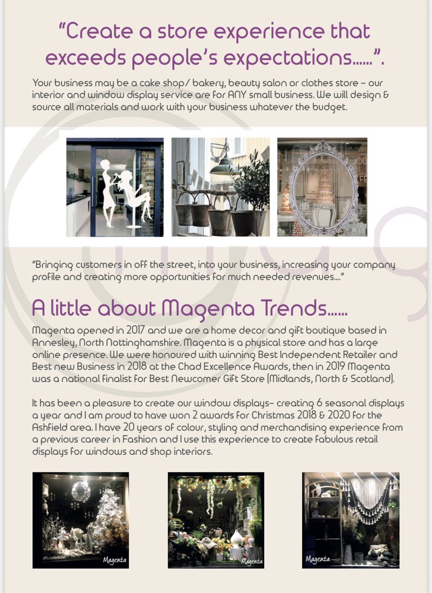 MagentaTrends's tweet photo. Now offering a #business #creative consultancy for small businesses.  Would your business benefit from a #windowdisplay or #interior make over? DM for details- set your own budget and I will be able to create an eye catching window or interior for proven #customer #retention. https://t.co/xMG16ODP1h