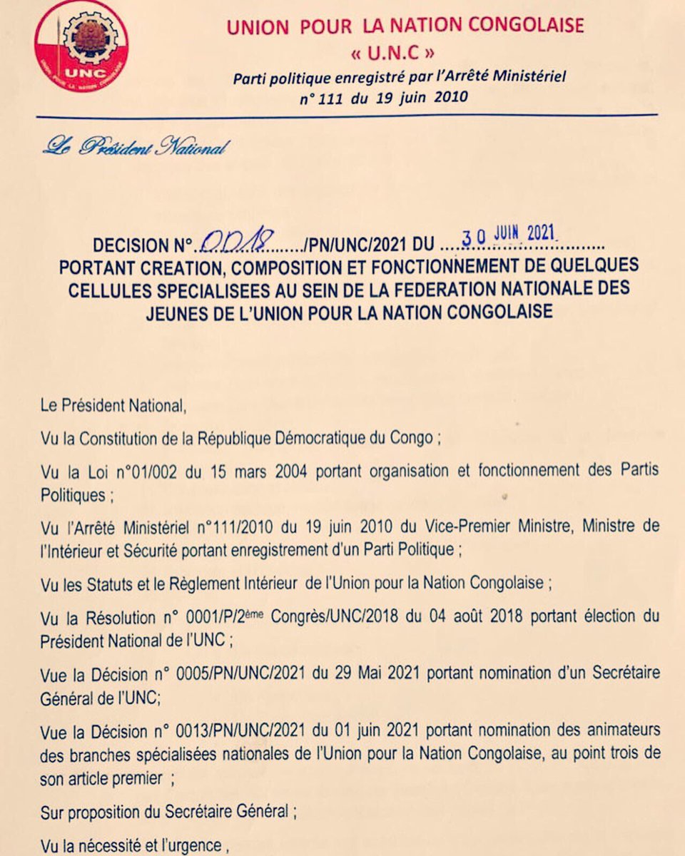 UncDiaspora's tweet photo. 🌍• Trouvez, ci-dessous, la Décision no:0018&amp;19/PN/UNC/2021 du 30 Juin 2021 portant nomination des membres de la FNJ de l’@uncrdc :

• Jeunesse Diaspora

- Coordon : Mr Gaël Mwanza
- C. Adjs : Mme Sandra, Mr Ram, Mr Senghor
- Rapporteur : Mr Samuel
- Rapporteur Adj : Mr Matondo https://t.co/oYIbslvHRb